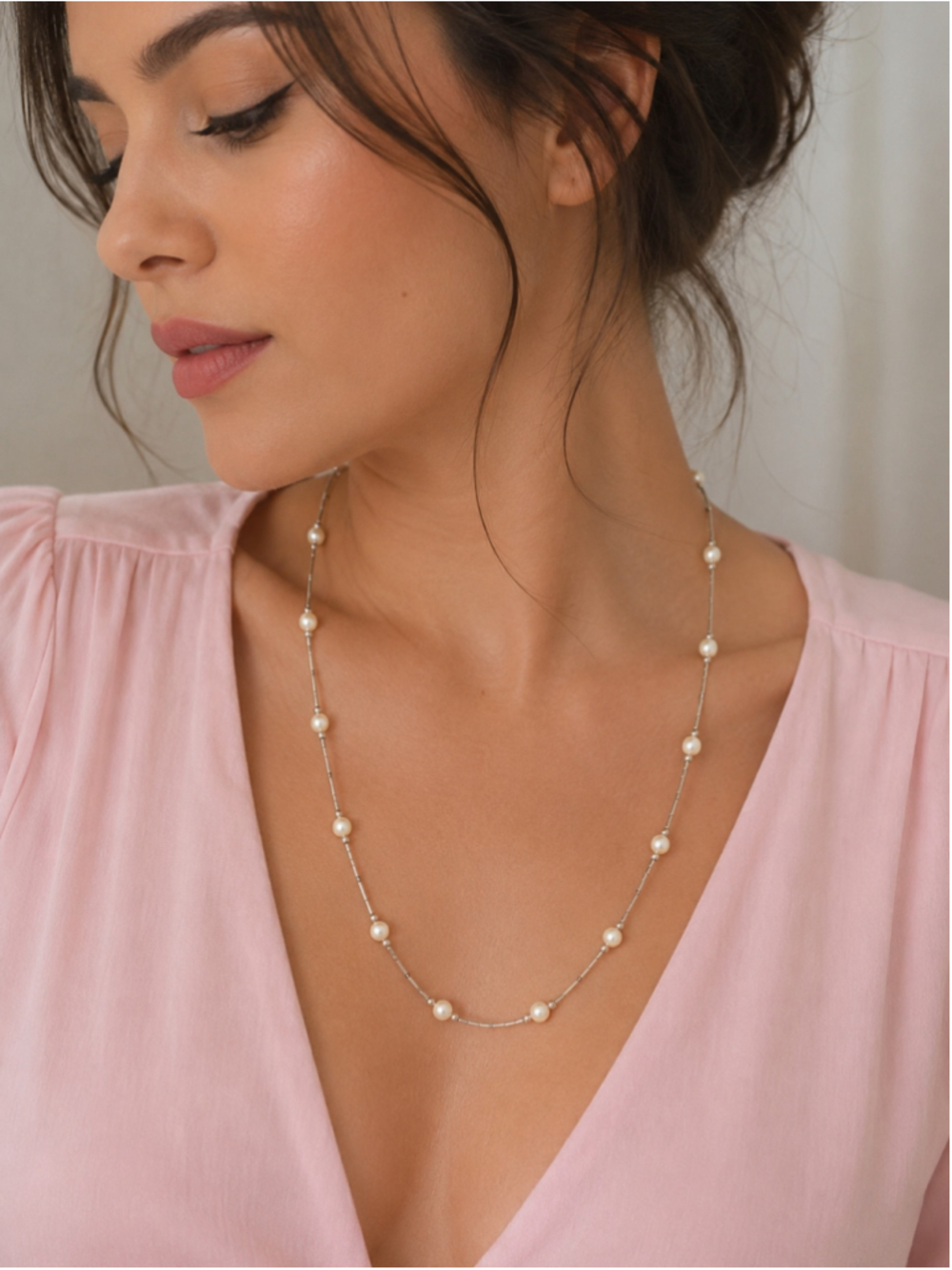 Vintage 925 Sterling Silver Faux Pearl Station Necklace | Delicate Beaded Chain